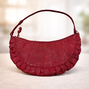 Steve Madden Pink Leather Crescent Shoulder Bag, Ruffle Trim, Boho Hobo